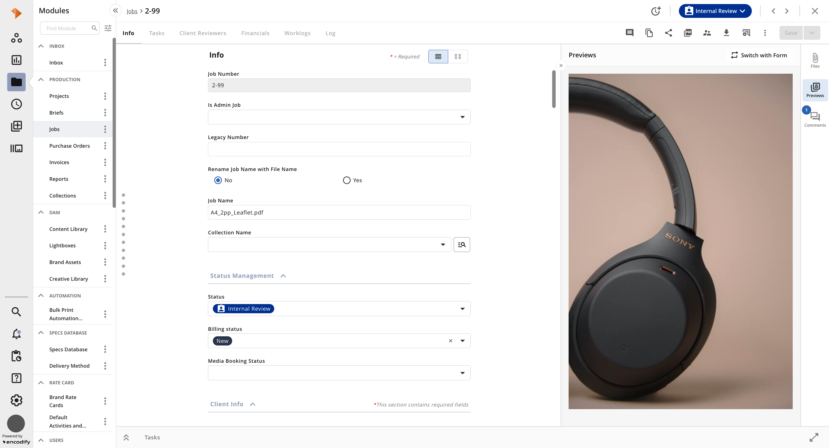 Job management interface displaying job details and a Sony headphone preview.