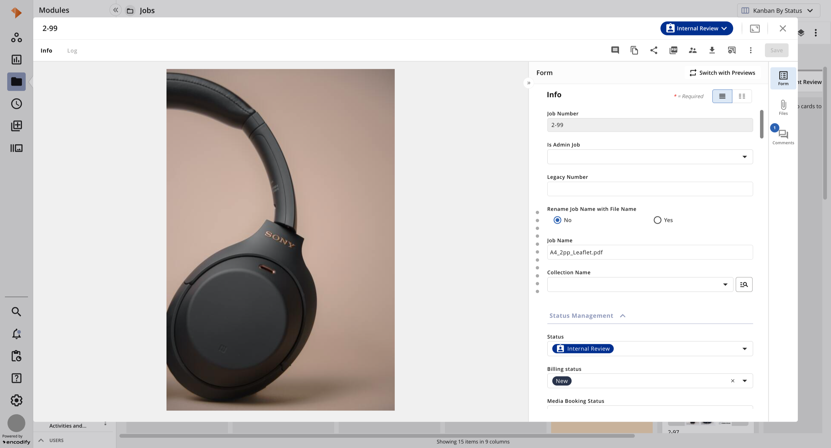 Sony headphones displayed with job information and status management details on the side.