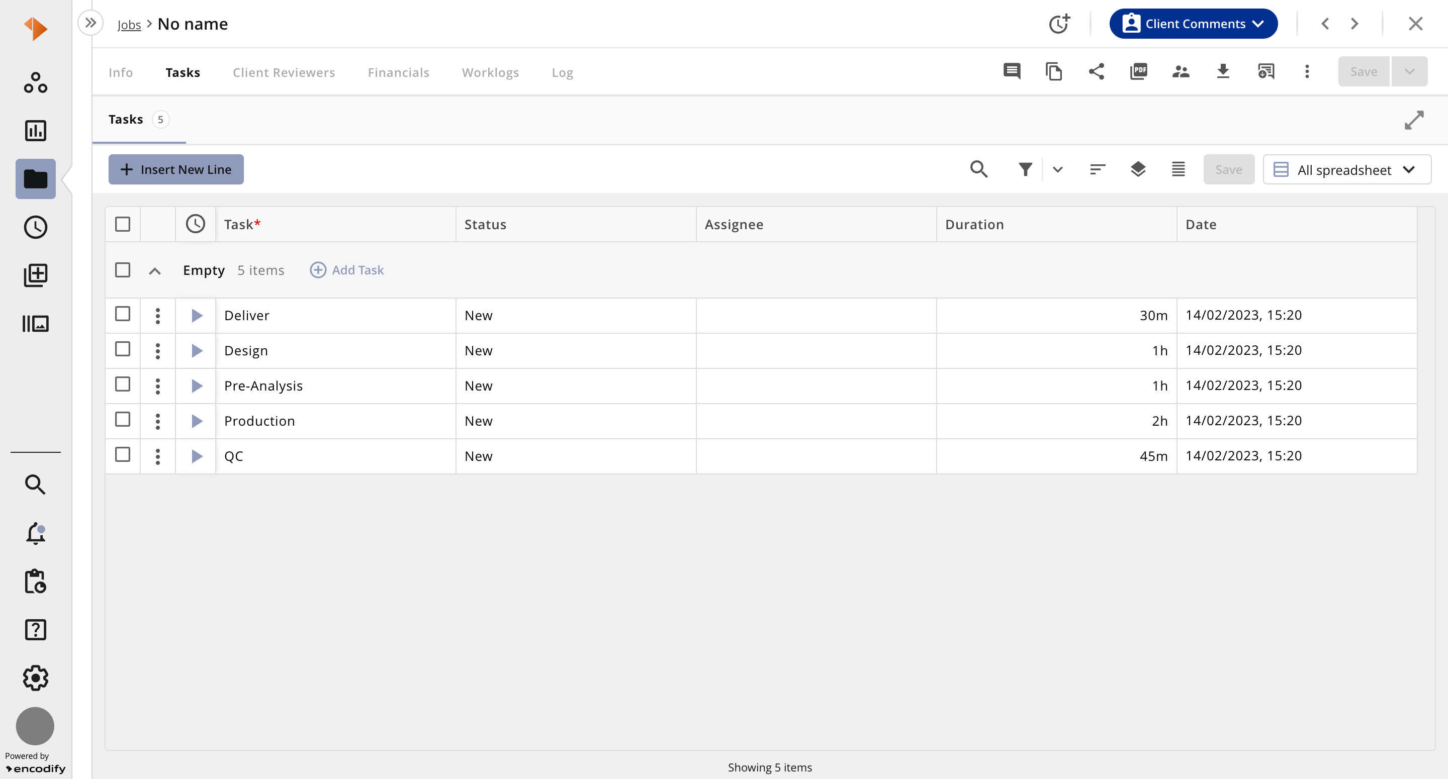 Task management interface displaying various tasks with their statuses and durations.