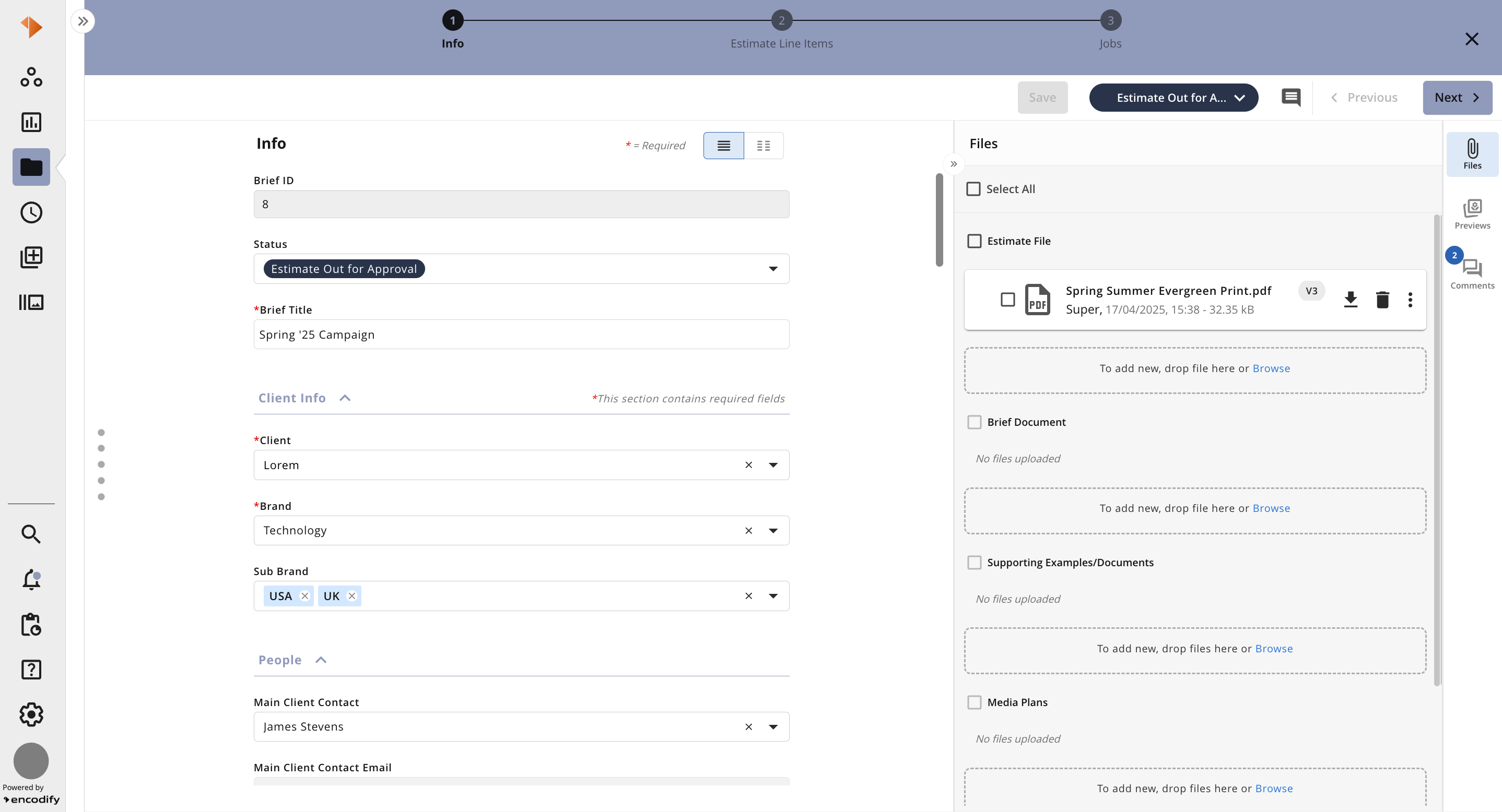 Document interface showing campaign details and file upload options for approval process.