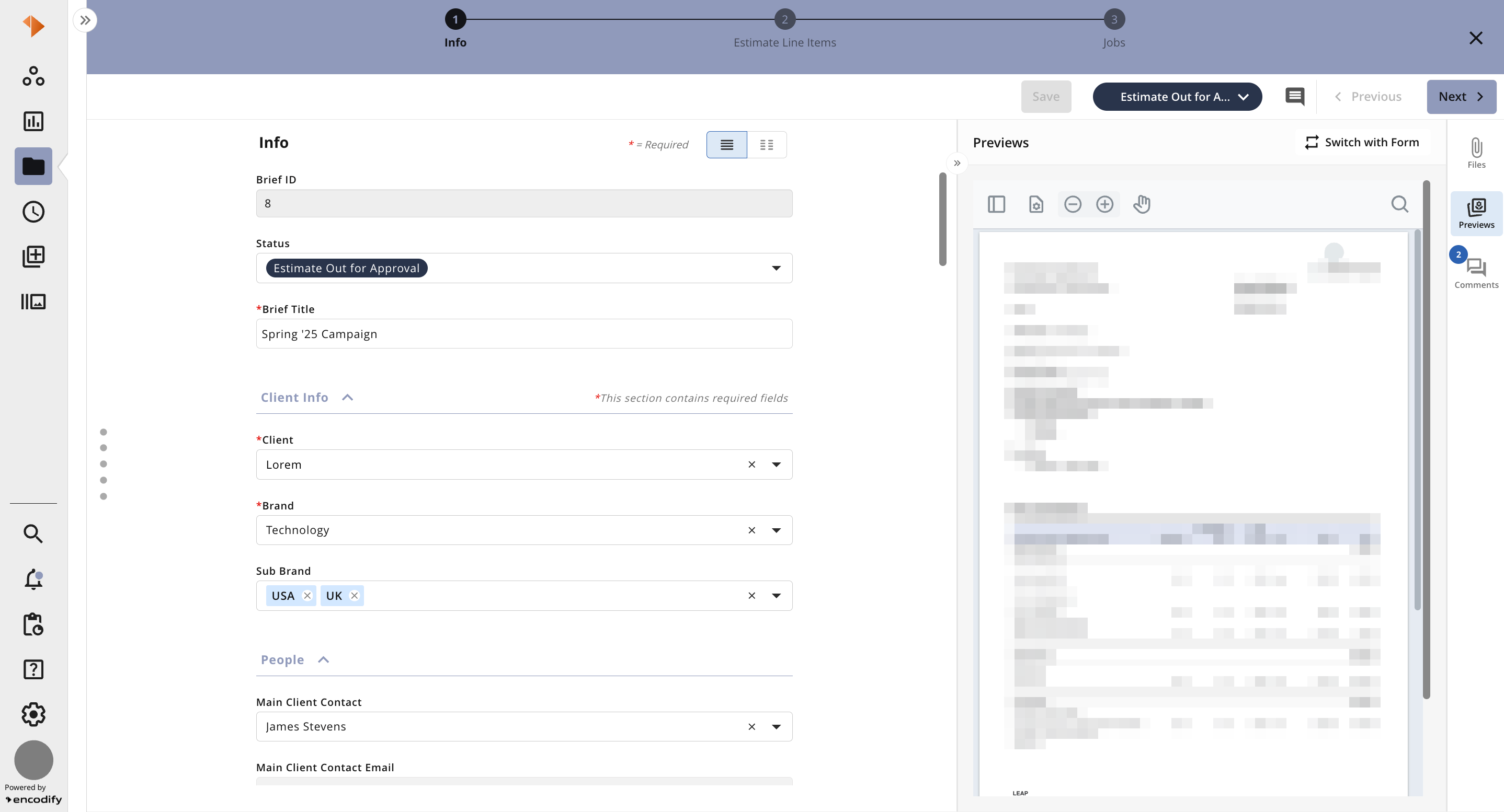 Document preview showing client information and campaign details for approval process.