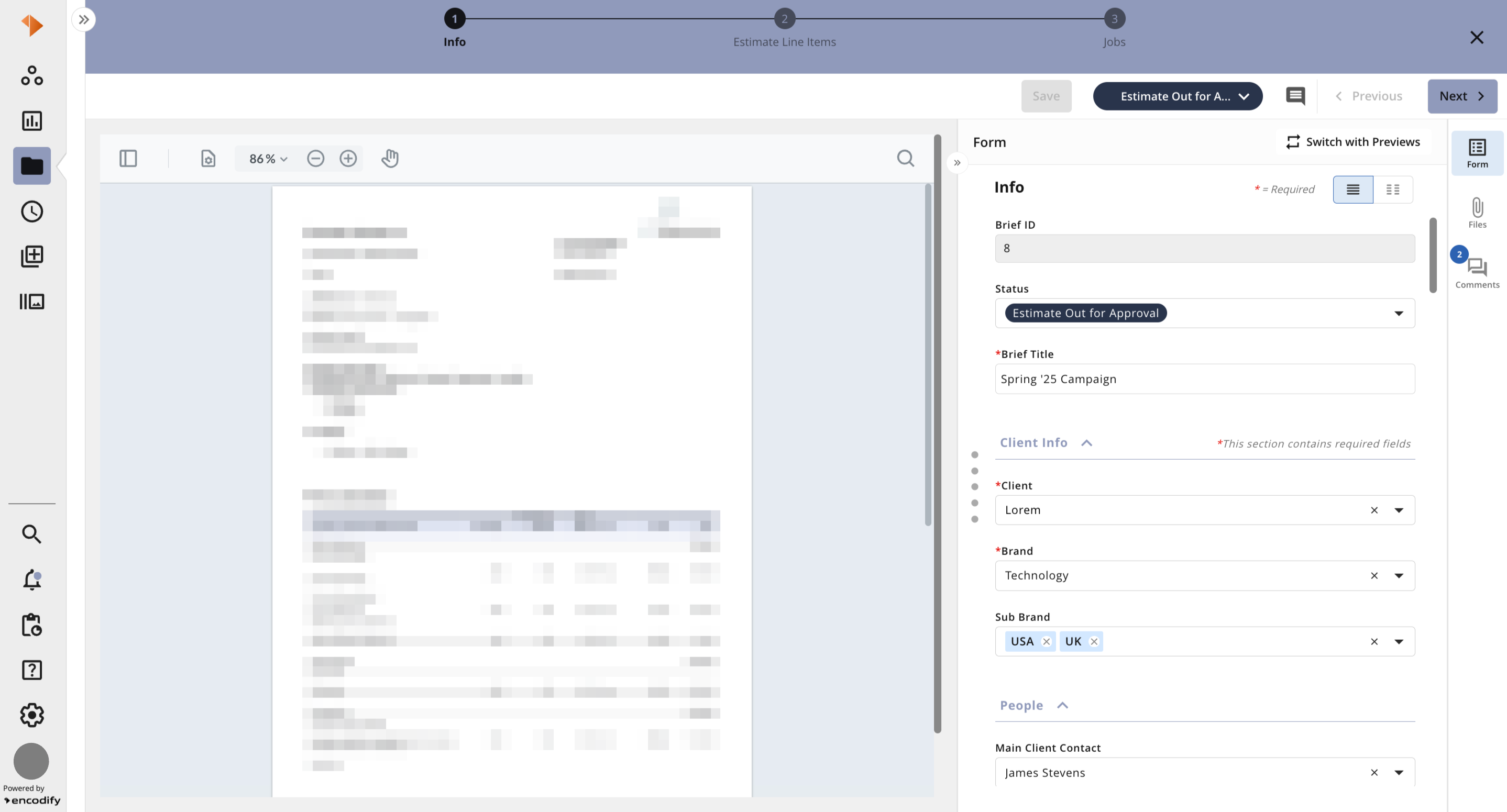 Document showing campaign details, including status, client info, and main contact.