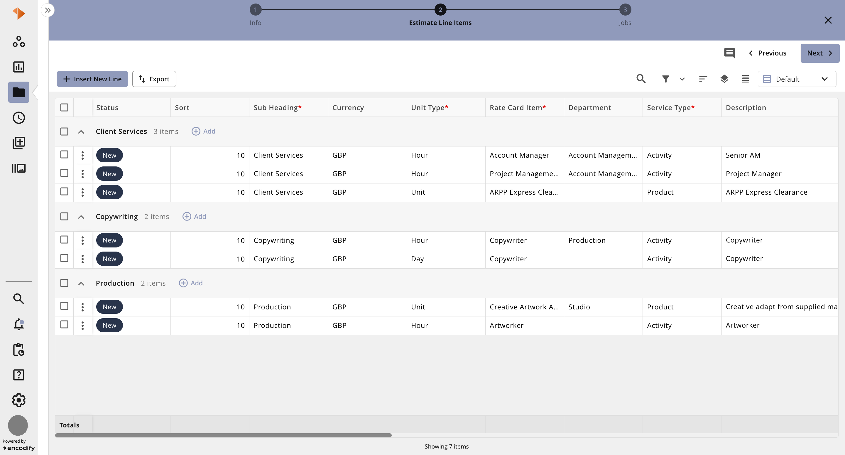 Table displaying various client services, copywriting, and production line items with details.