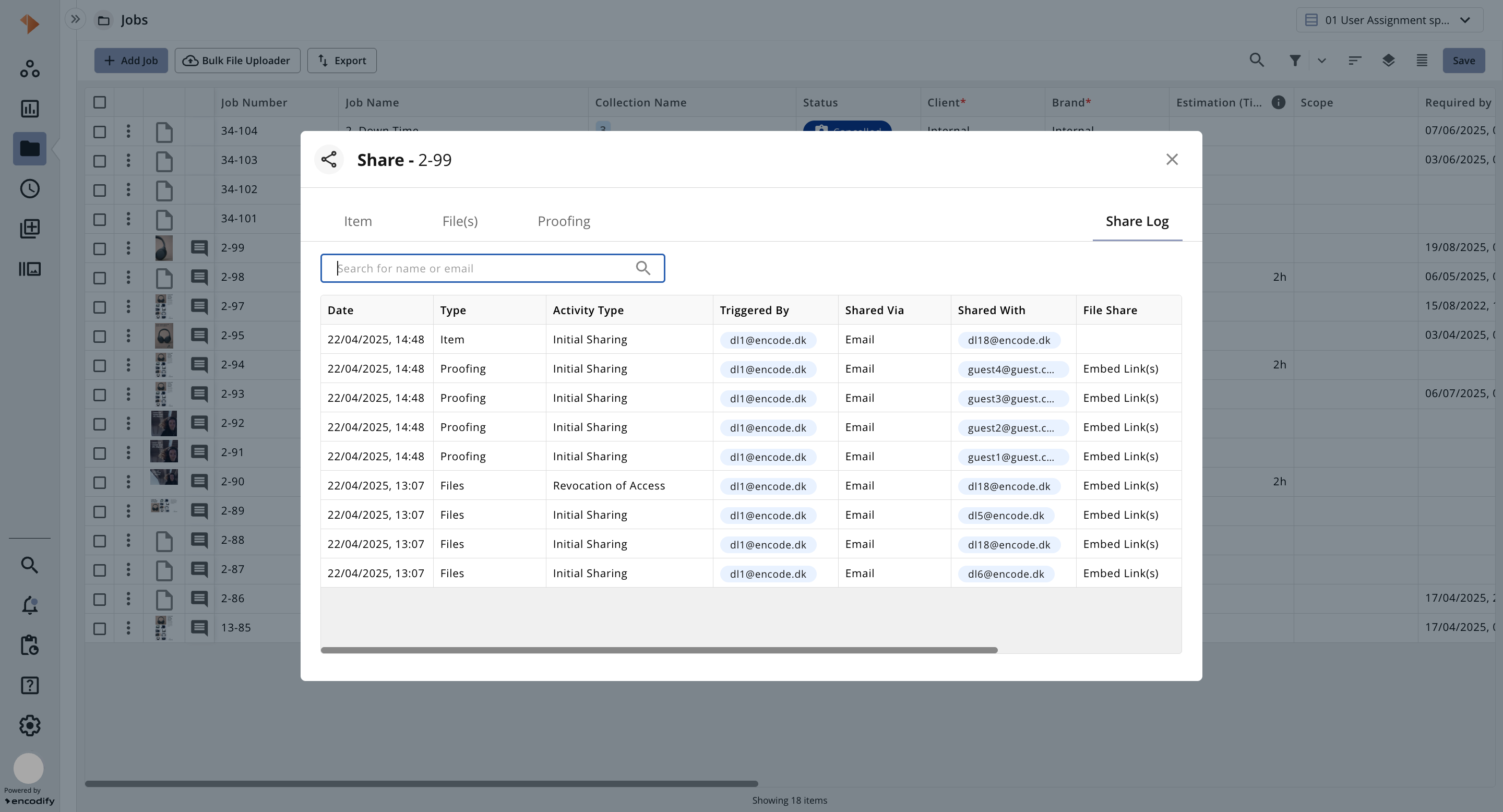 Job sharing log displaying various activities and file sharing details for multiple users.