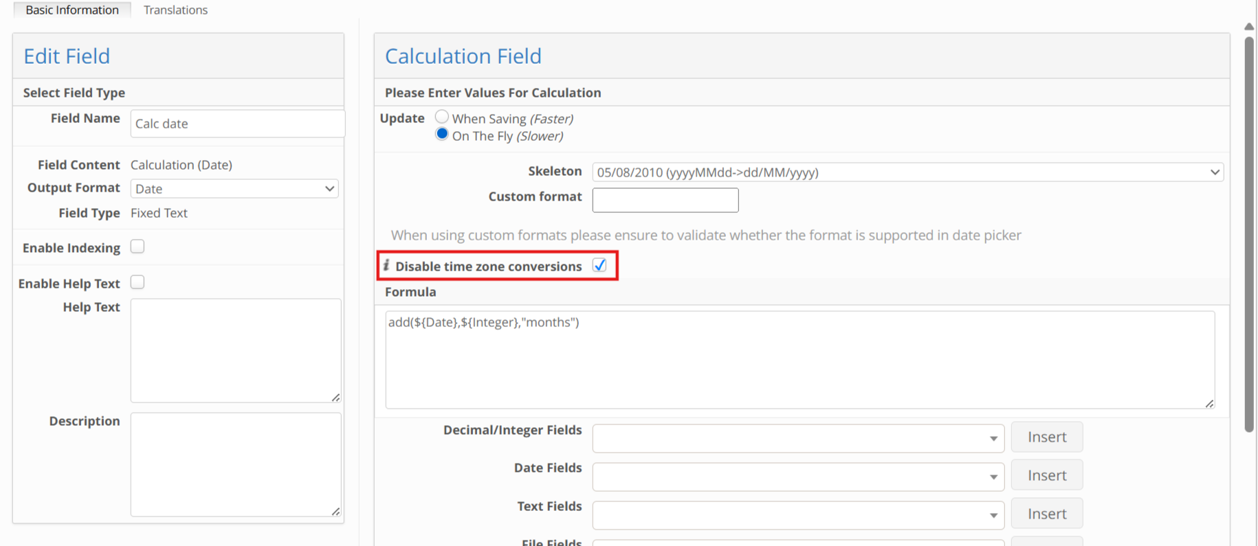 Settings for a calculation field including date format and disabling time zone conversions.