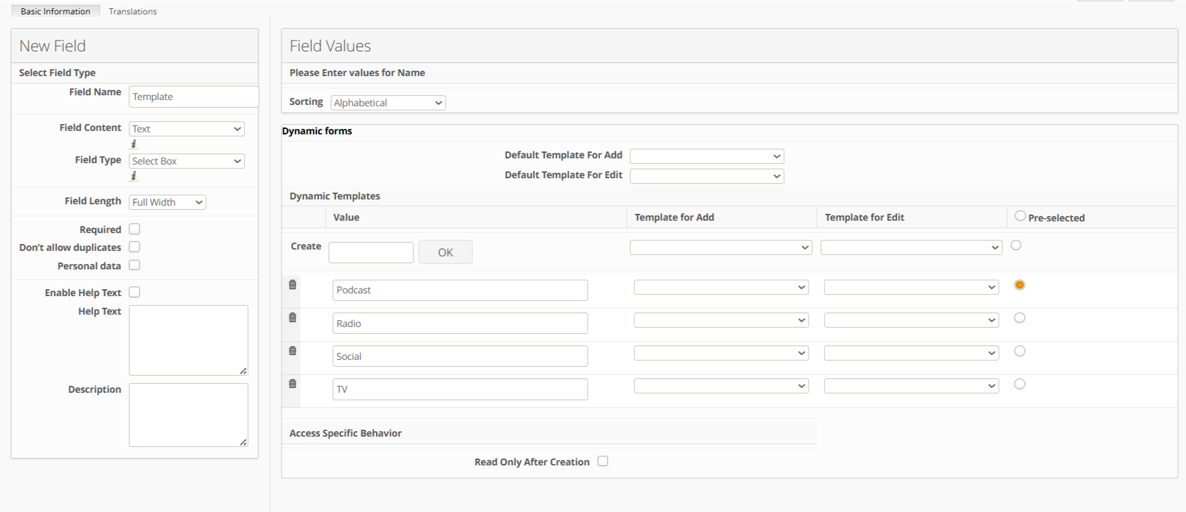 Image displaying field definition type Select Box