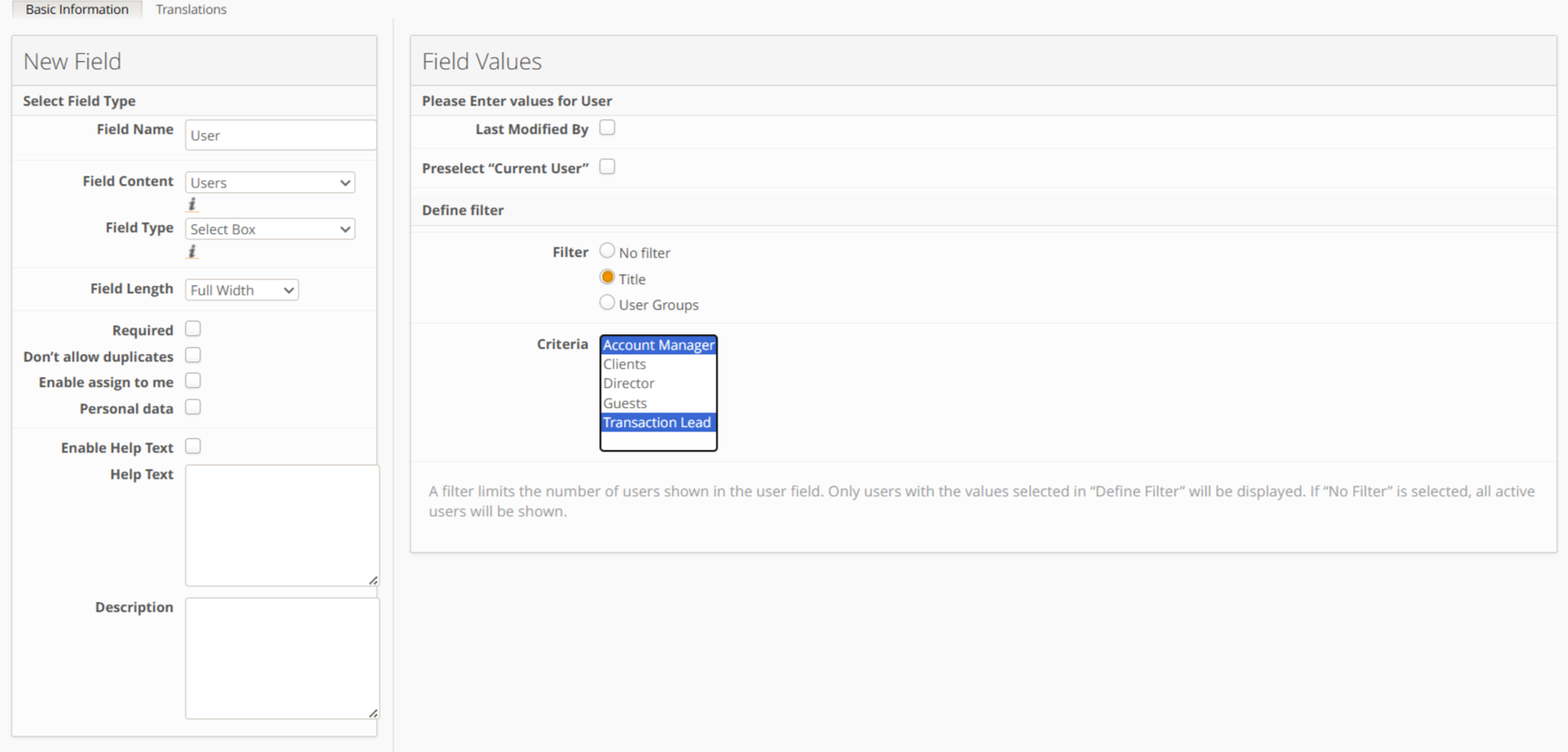 Field definition: Users field