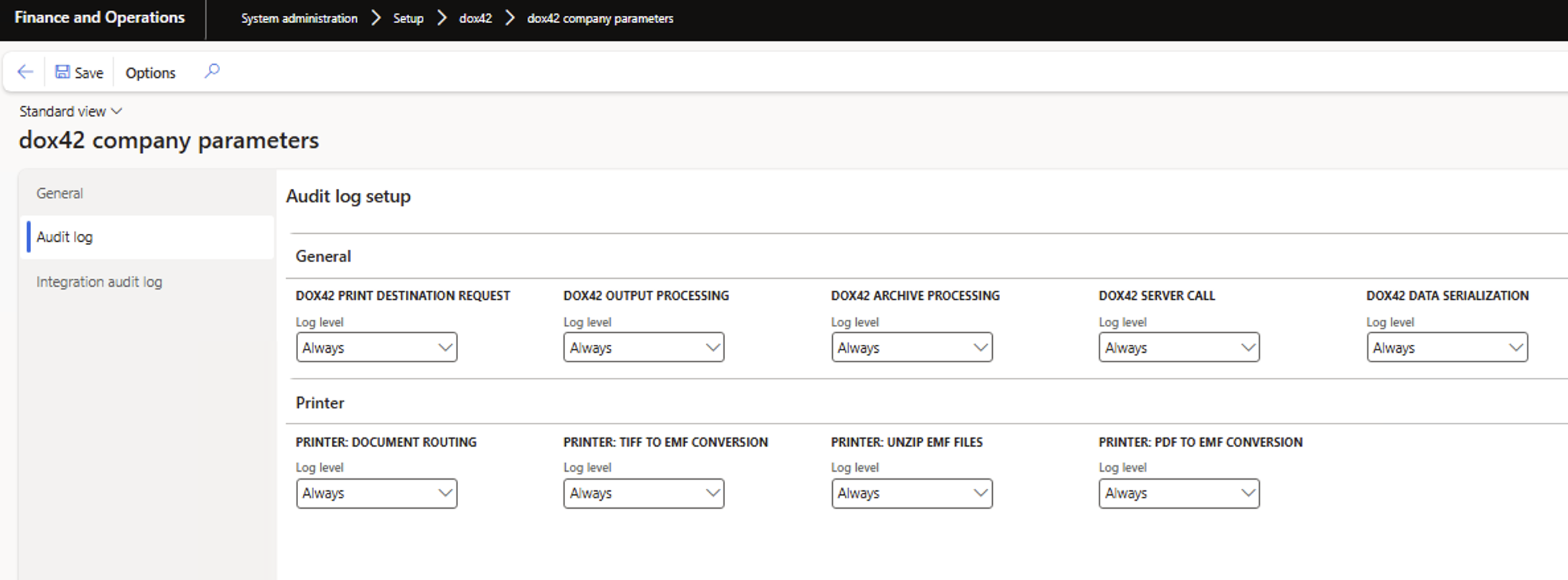 dox42 company parameters - audit log setup