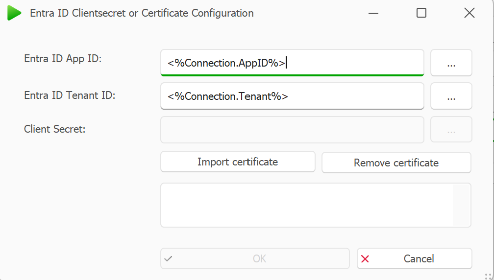 EntraID Certificate or Client Secret Setup Window