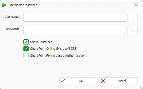 Login prompt for SharePoint Online with options for password visibility and authentication methods.