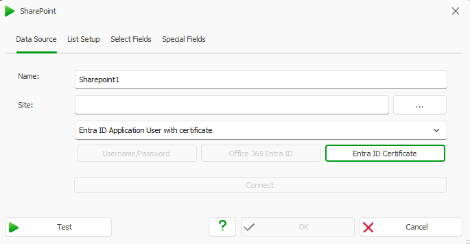 SharePoint data source setup with fields for Entra ID and connection options.