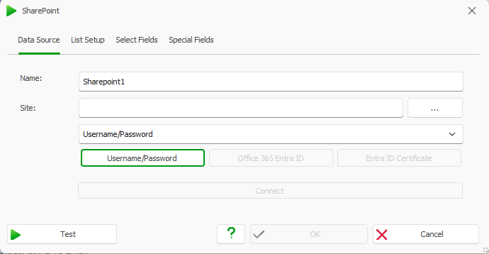 Adding a SharePoint data source via Username/Password