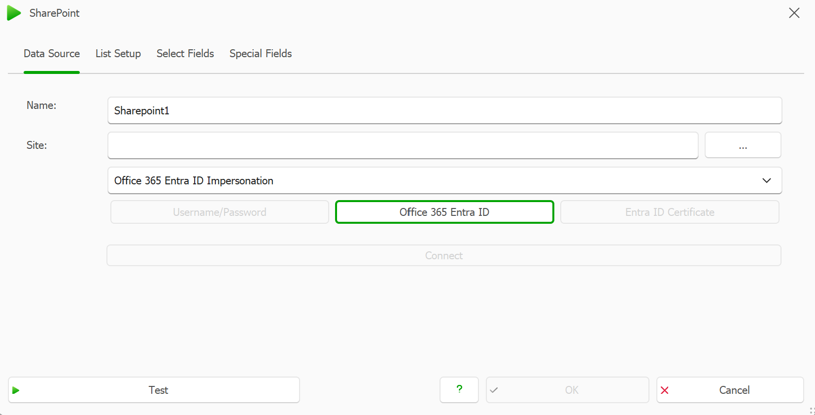 SharePoint Data Source Dialogue