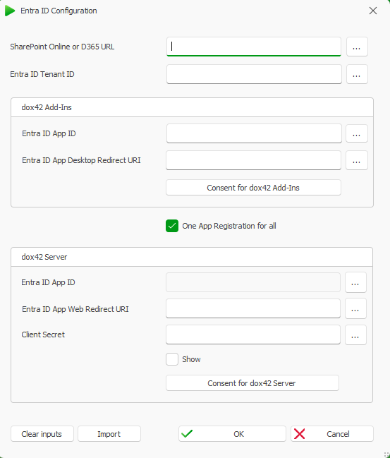 Configuration settings for Entra ID and dox42 server integration options displayed on screen.