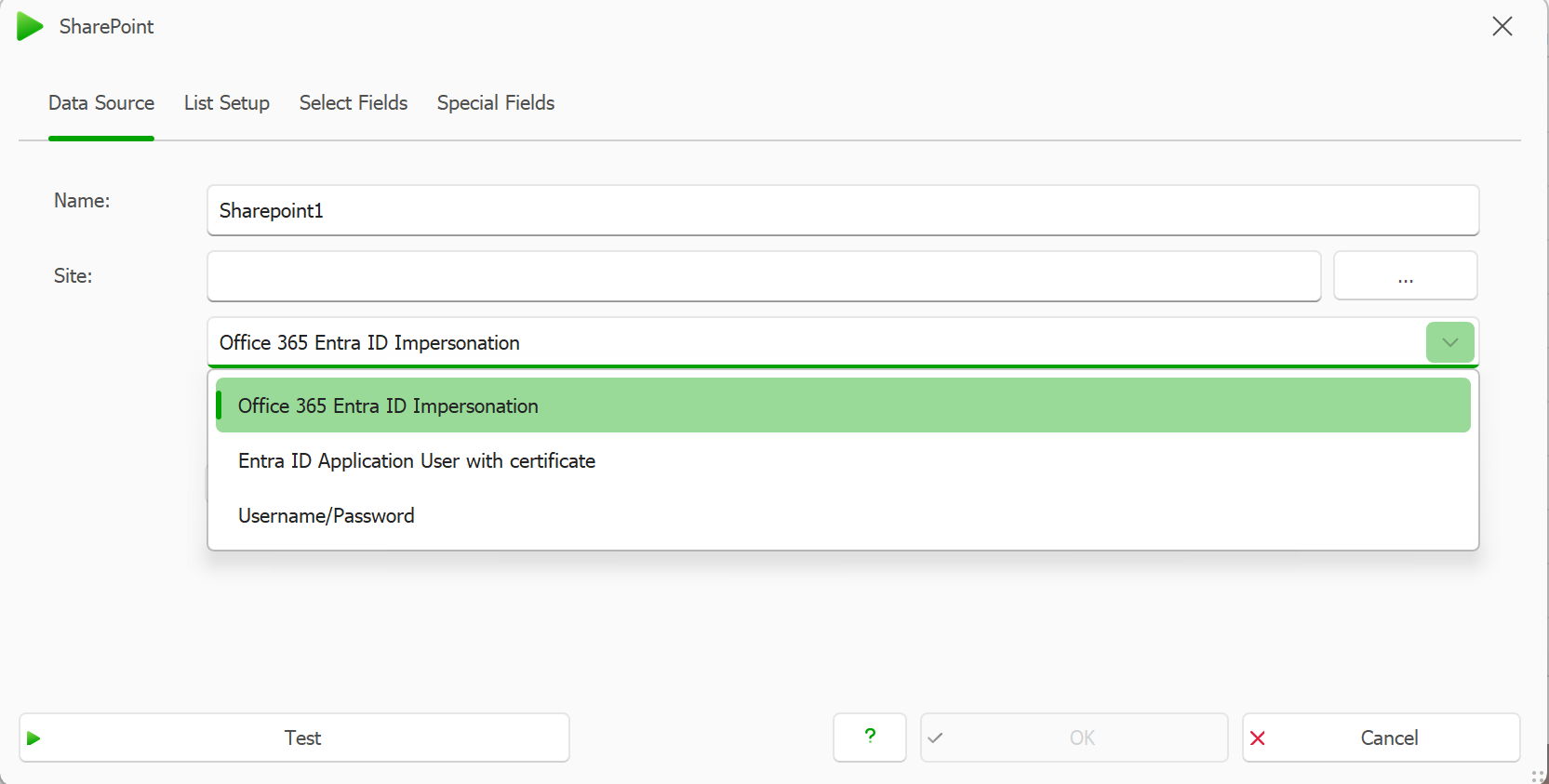 Authentication Methods in SharePoint Data Source