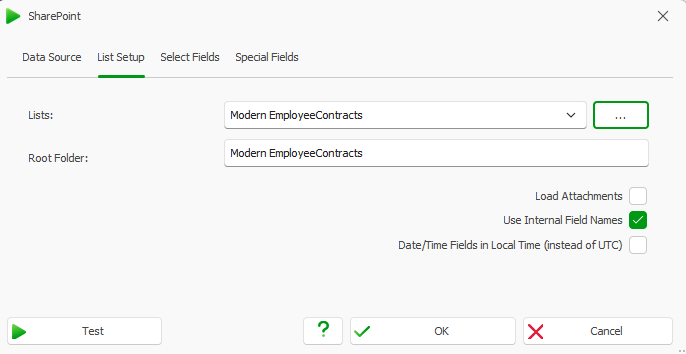 List Setup tab in the SharePoint connection window