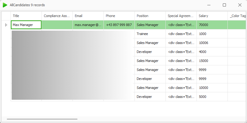 Table displaying candidate records with details like title, email, phone, and salary.