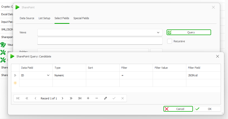 Sharepoint Data Source Query Configuring an Input Parameter in the dox42 Add-In