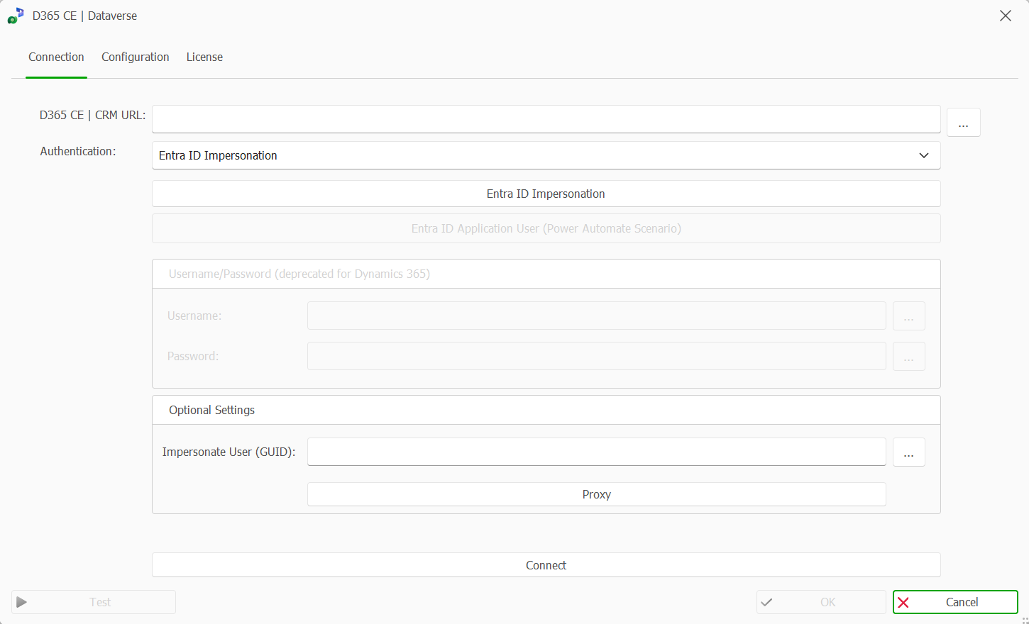 D365 CE Dataverse connection settings with fields for URL and authentication details.