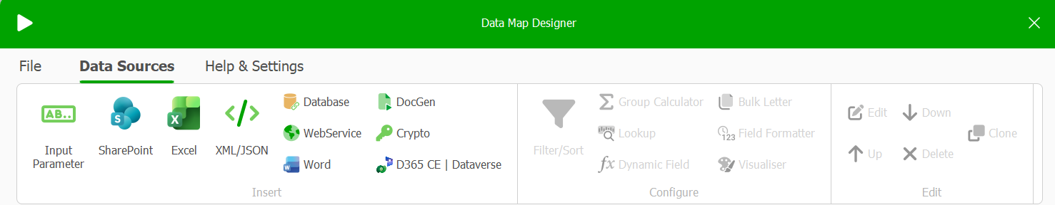 Data Map Designer interface showing various data source options and configuration tools.