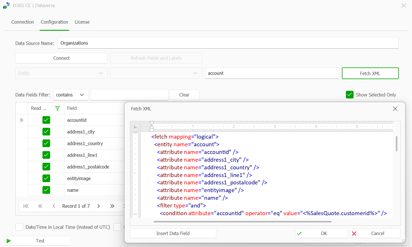 Configuration settings for data source with highlighted Fetch XML attributes and conditions.