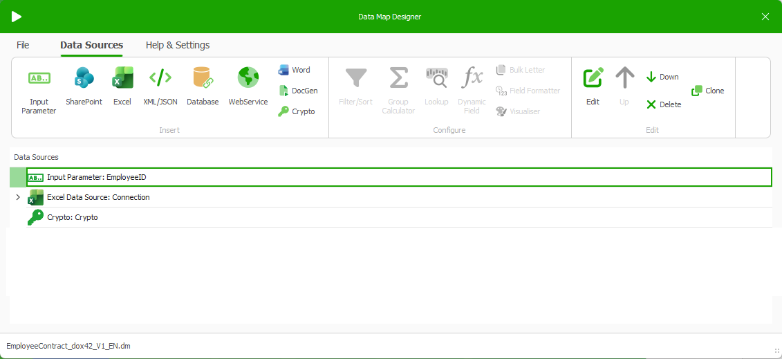 Data Map Designer interface showing various data sources and input parameters for configuration.