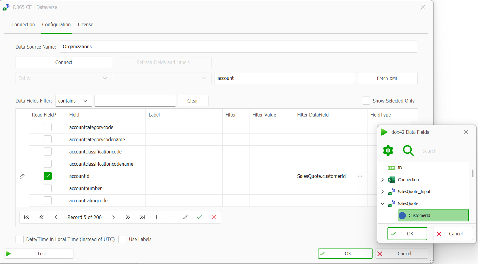 Configuration settings for data source and fields in D365 CE Dataverse interface.