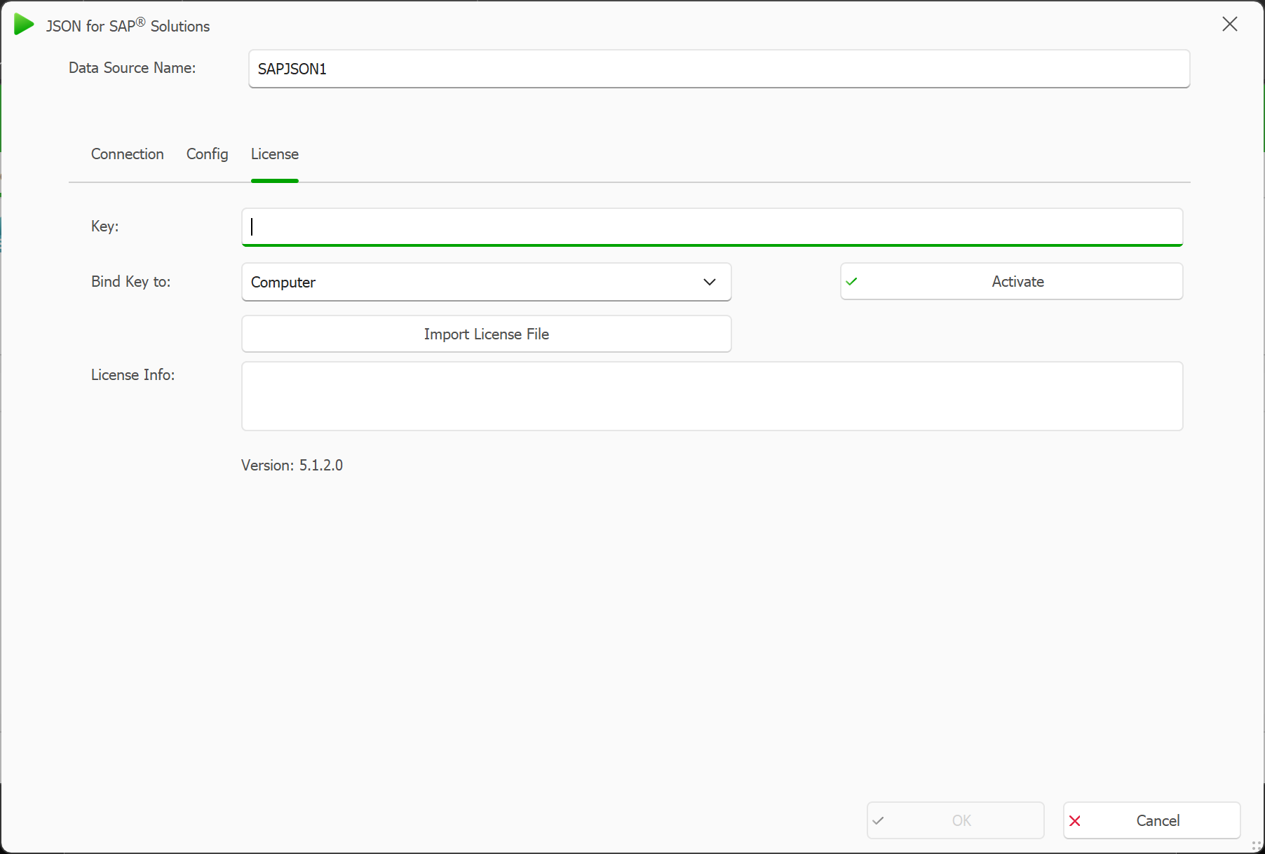License tab in the SAP Data Source window
