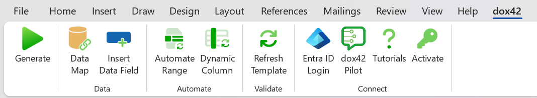 Toolbar displaying various functions like Generate, Data Map, and dox42 Pilot options.