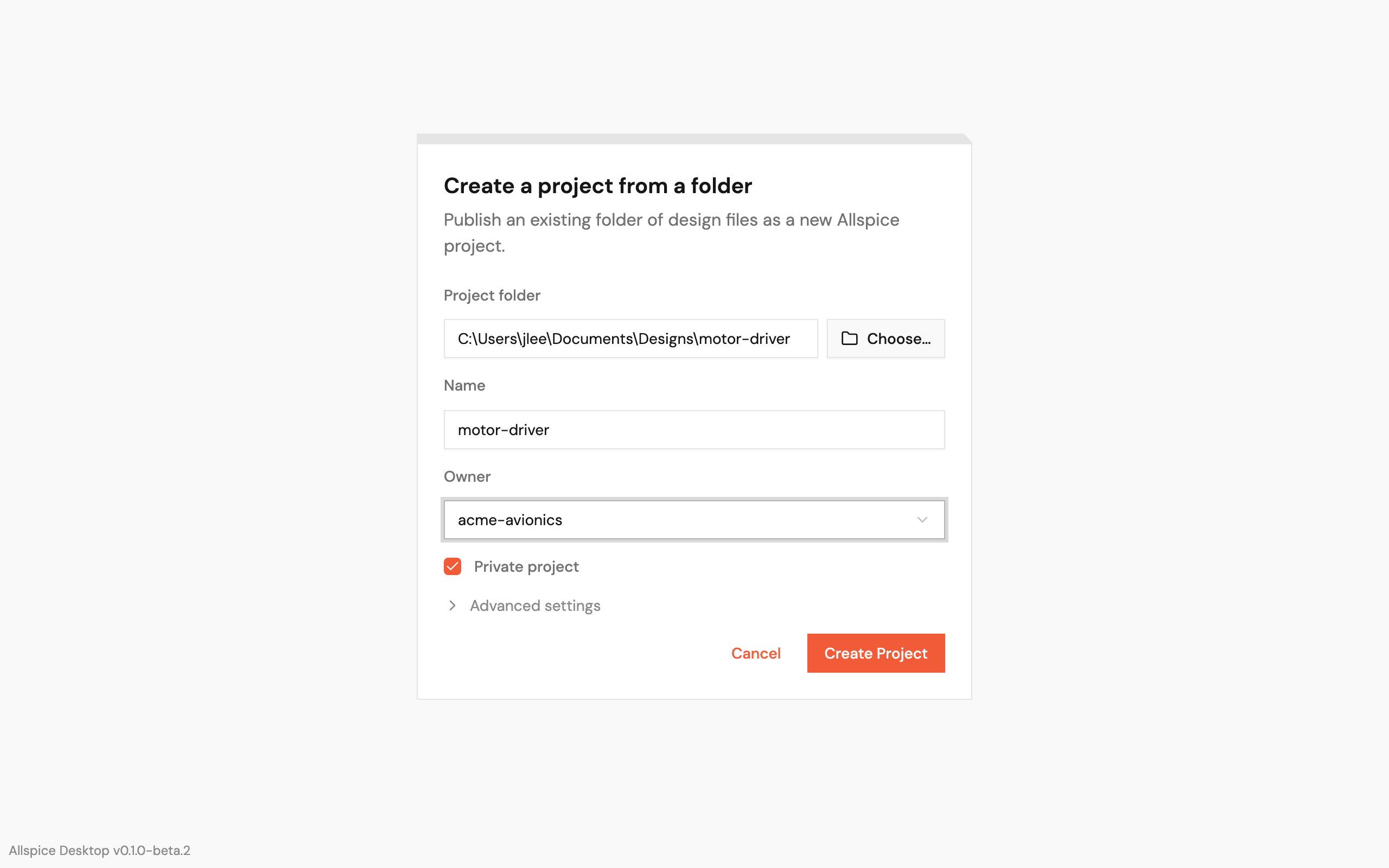 The Create a project from a folder screen