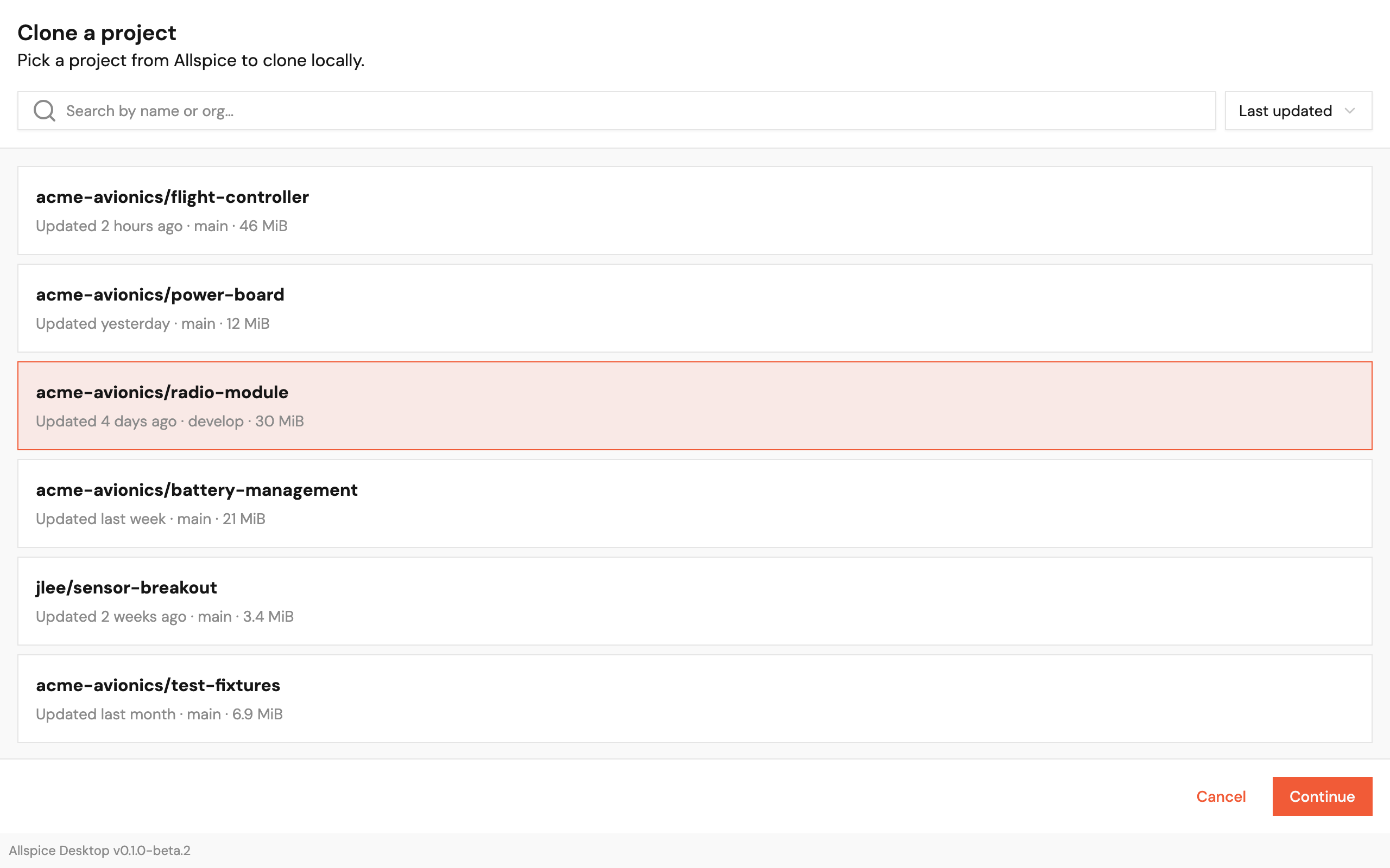 A project selected in the Clone a project list
