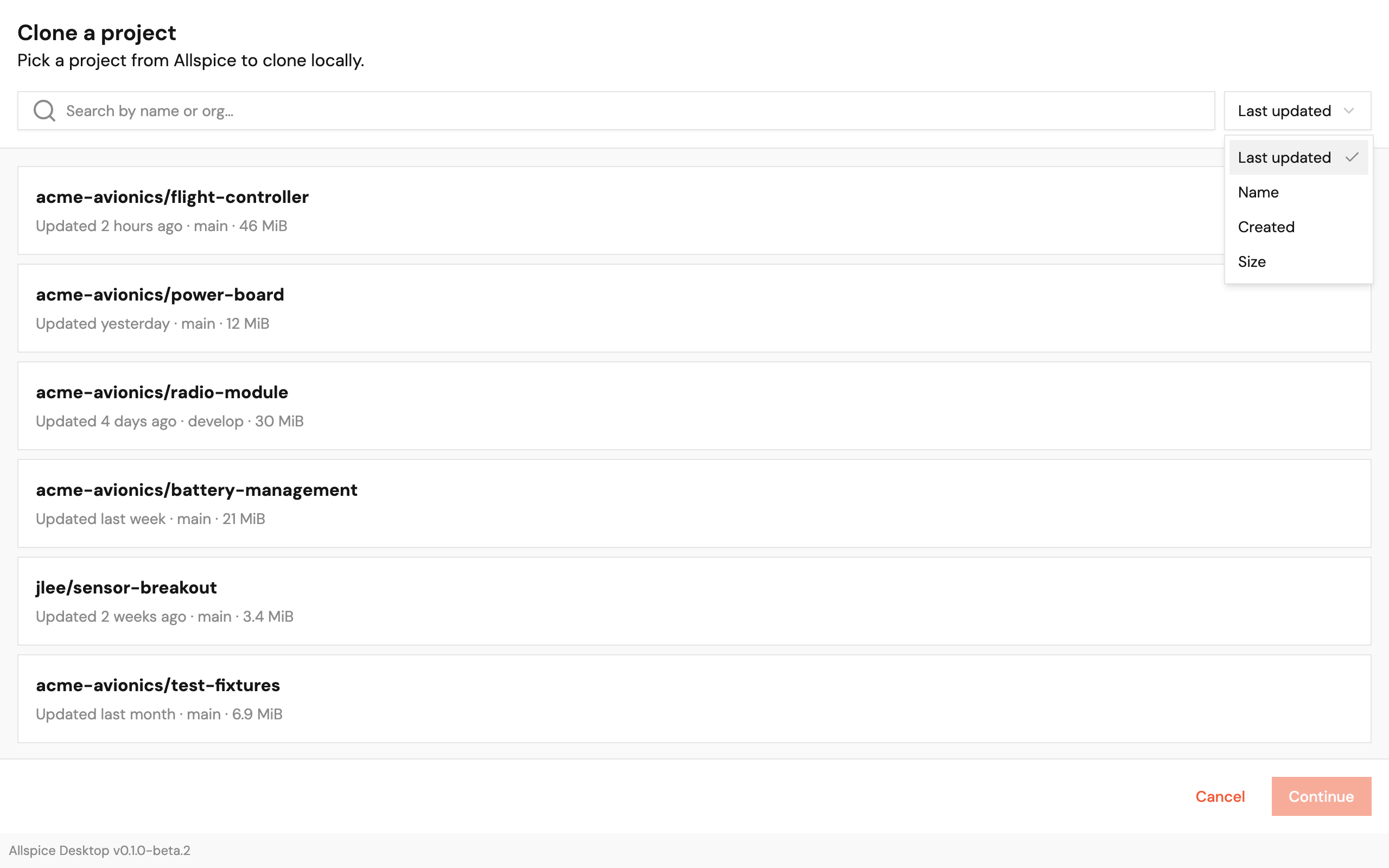 The sort menu