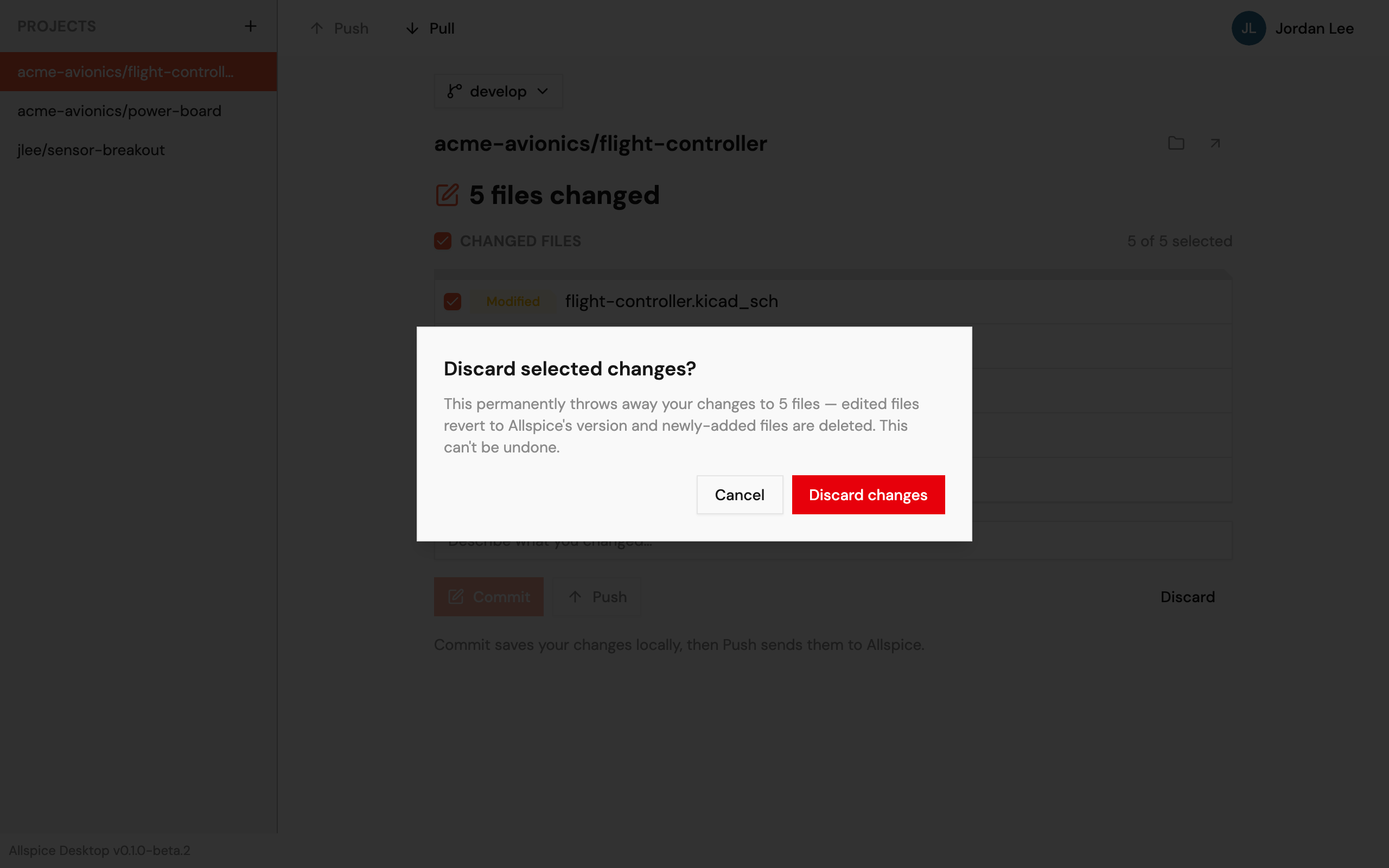 The Discard selected changes message