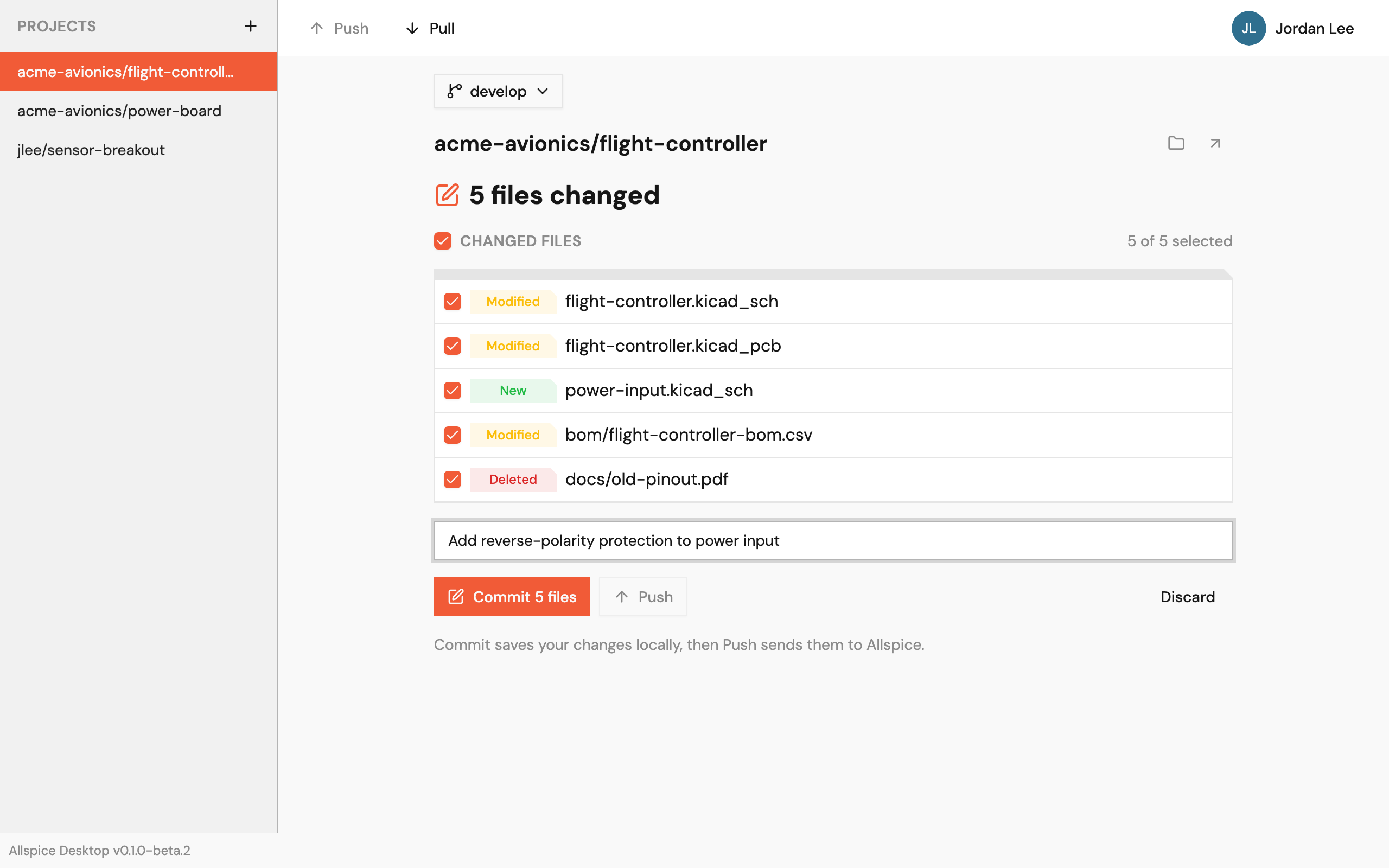 Changed files, a description, and the Commit button