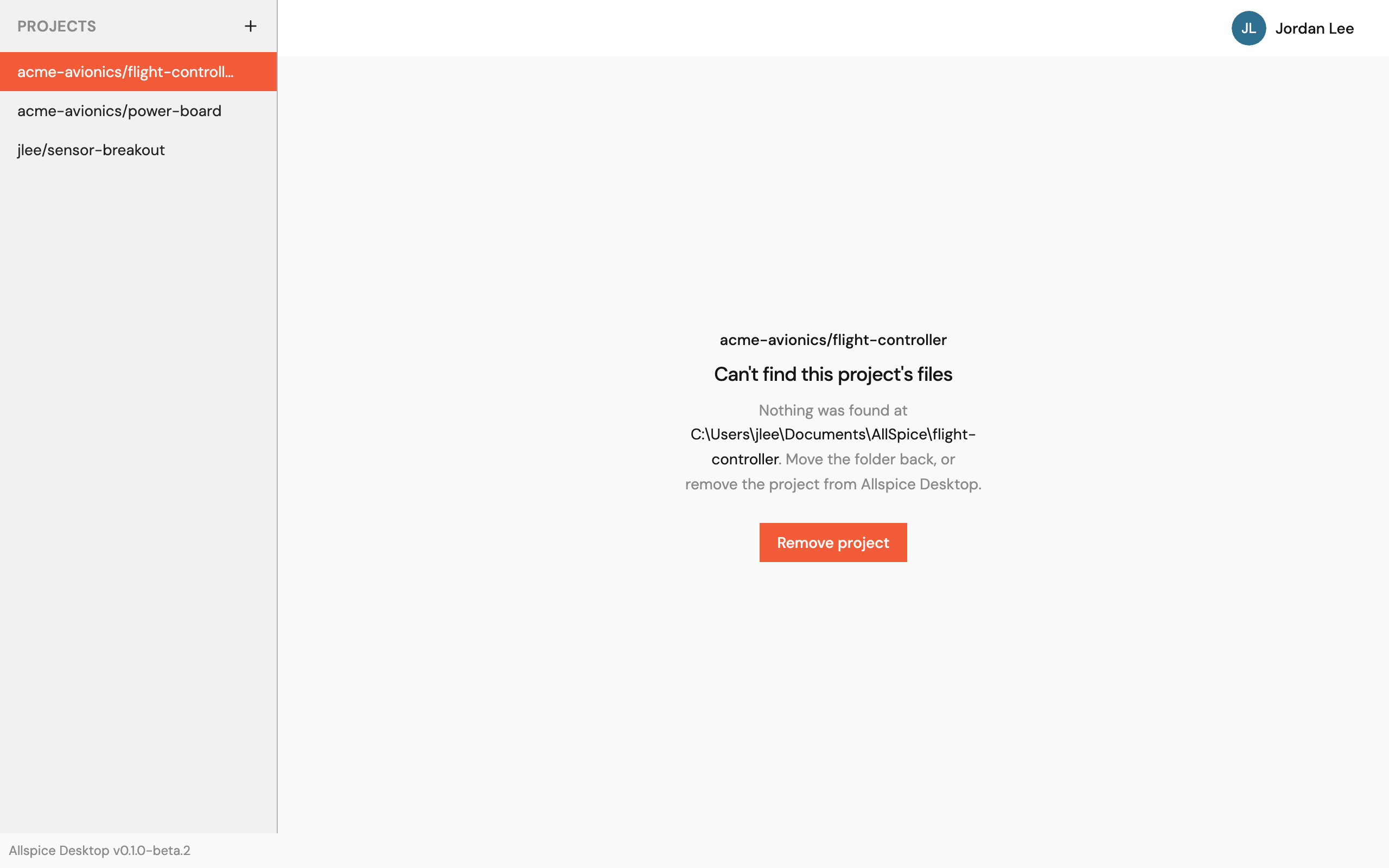 The Can't find this project's files message