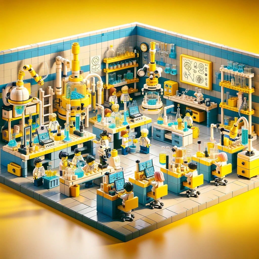 DALL·E image pf a Lego laboratory setting, where everything is constructed from lego bricks in shades of yellow and blue