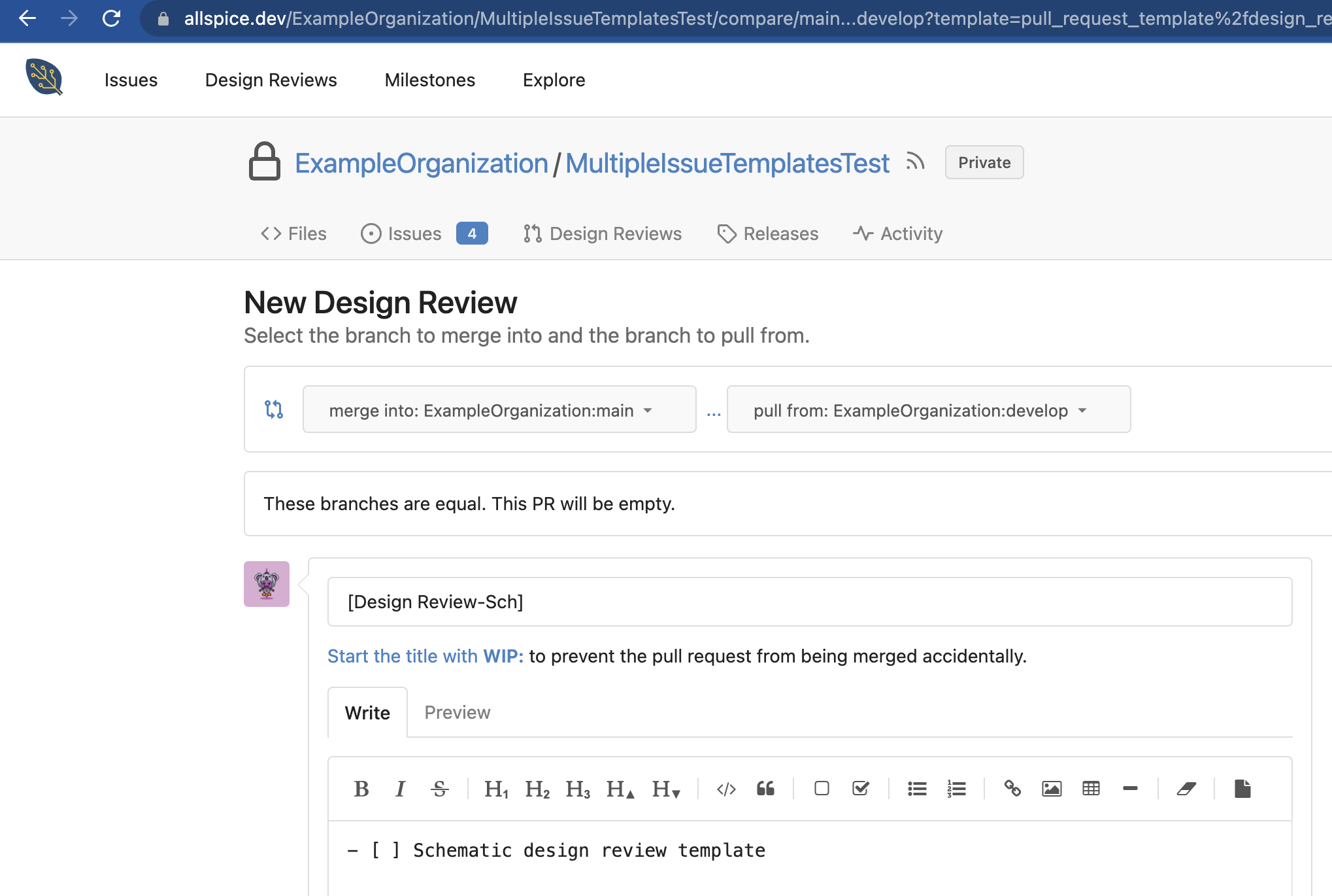 Design review (pull request) template. New design review page shown, with "write" tab open at the bottom.
