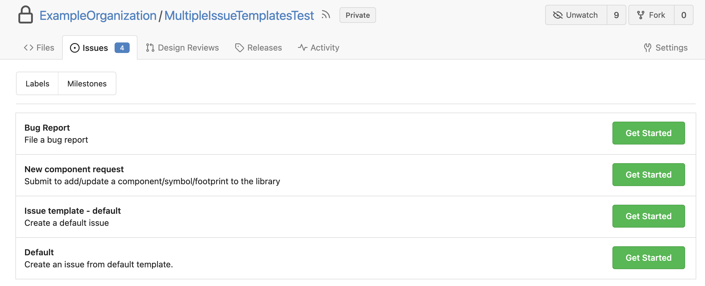 List of templates in issue tab including bug report, new component request, issue template - default, and default.