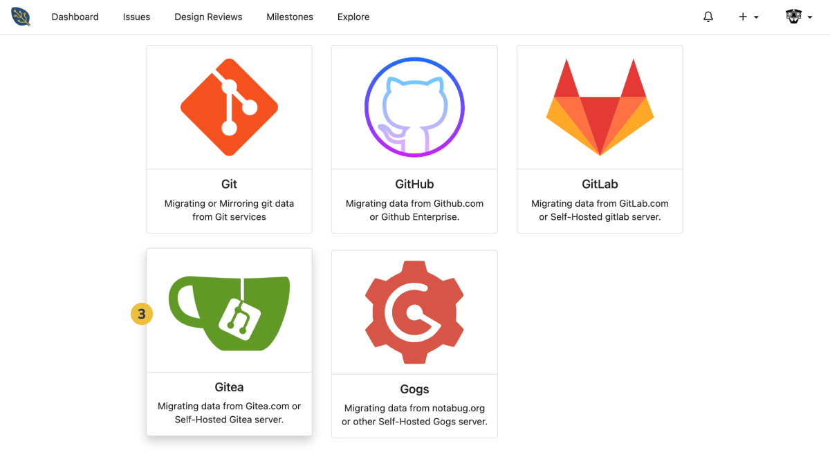 Migration tool alternatives including Git, Github, GitLab, Gitea, and Gogs.
