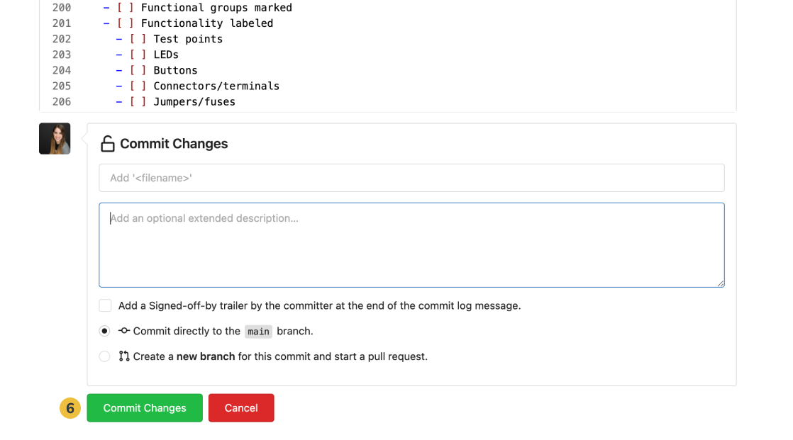 Bottom of template. Commit changes is shown with a textbox to enter an optional extended description. You can select adding a sign-of-trailer, commit directly to the main branch, or create a new branch. At the very bottom of the page there are two buttons, one says "commit changes", while the other says "cancel".
