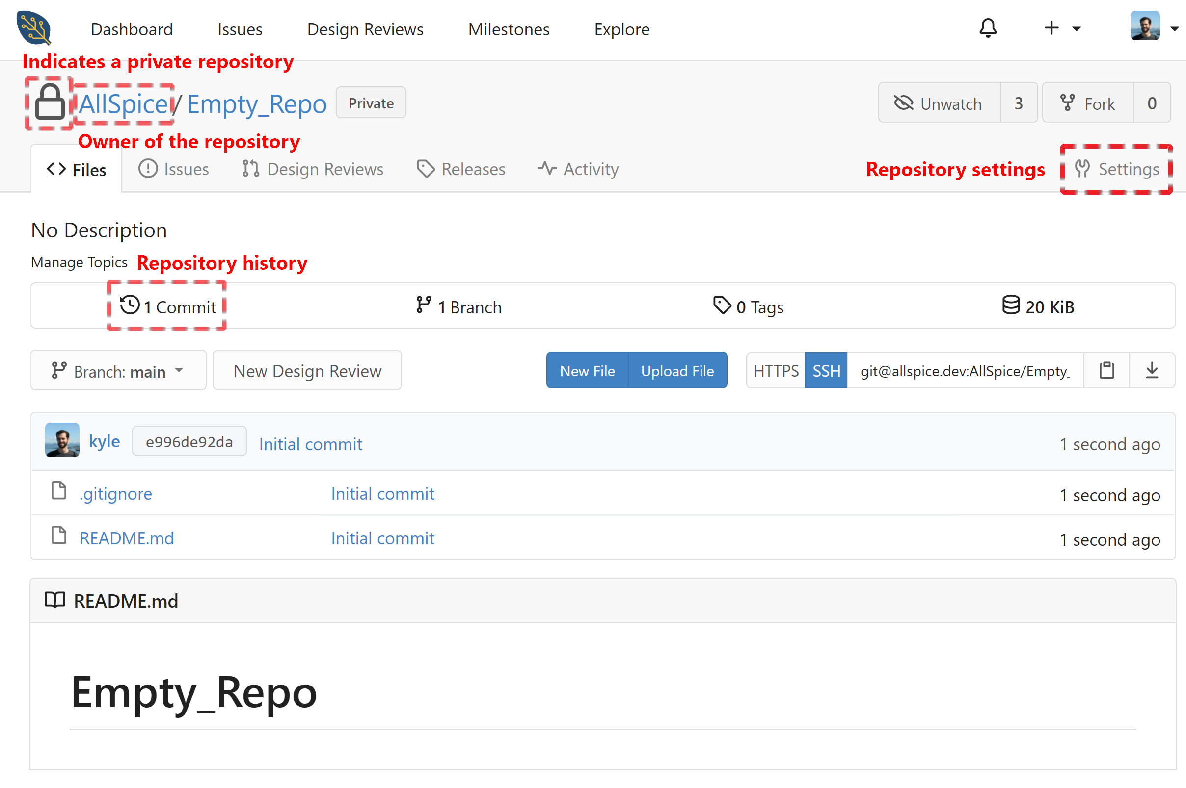 Repository overview. Upper left has a lock beside AllSpice, indicating a private repository. Directly underneath there is "1 Commit" which tells the repository history. To the right there is settings, which are the repository's settings.