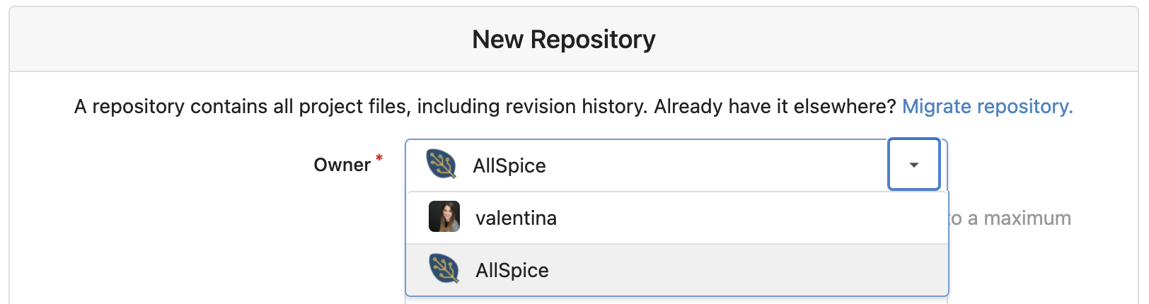 New repository page owner selection. Drop-down menu is expanded.