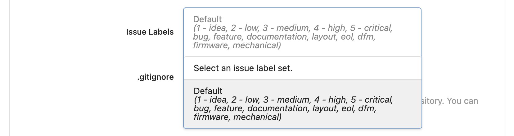 The different options for issue labels. Beneath is .gitignore default group.