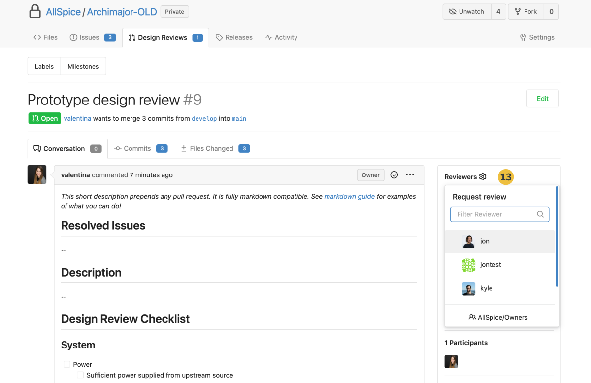 Prototype design review page with conversation tab opened. Resolved issues, description, and design review checklist are listed. To the right is a list of reviewers with a number thirteen beside it.
