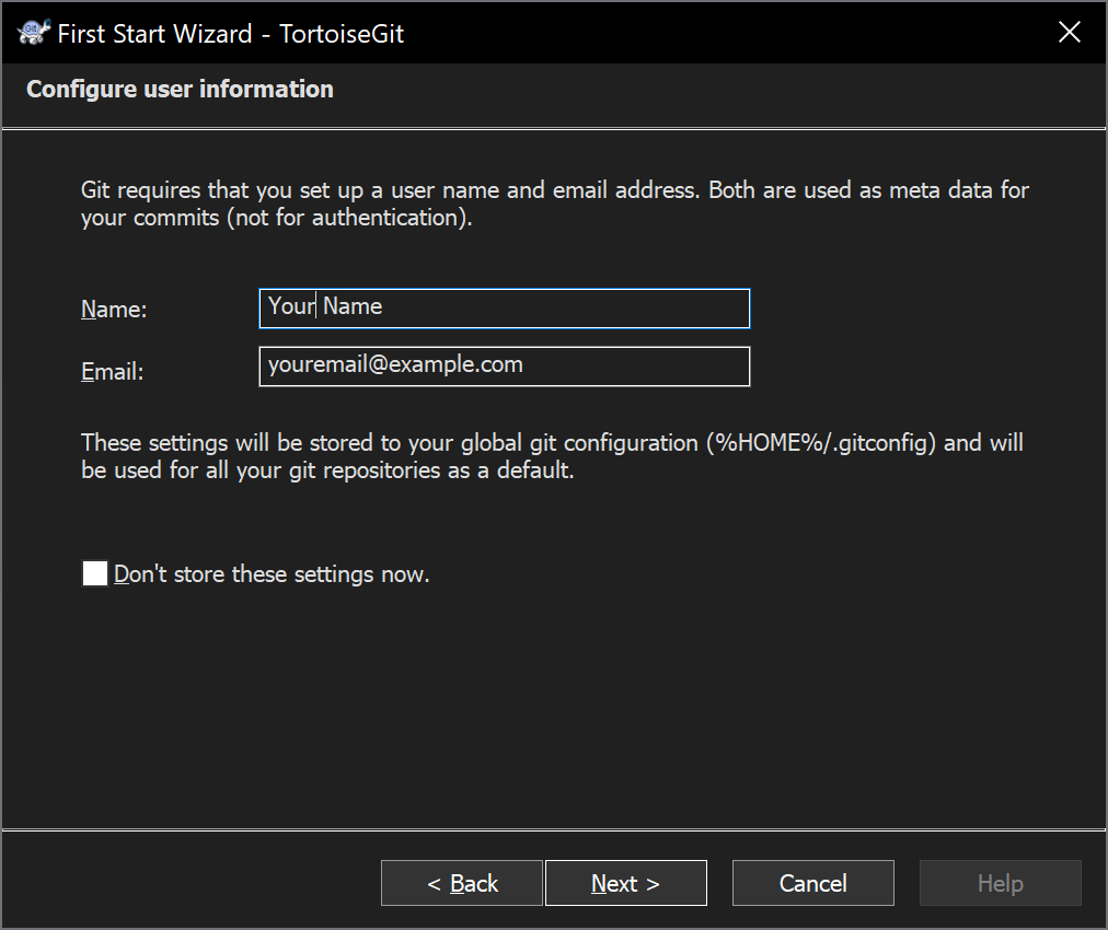 Configure user information page. Prompts user to enter name and email.