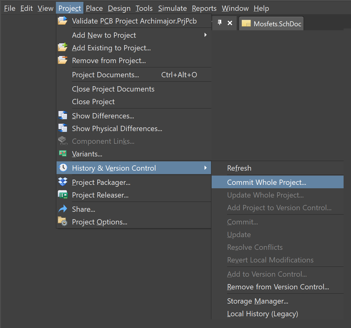 Altium Git interface with the project drop-down menu selected. Then, history & version control is selected expanding that drop-down menu, eventually selecting commit whole project.