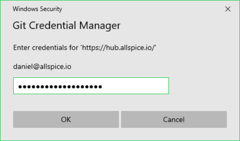 Git credential manager, prompts user to enter credentials for AllSpice Hub. 