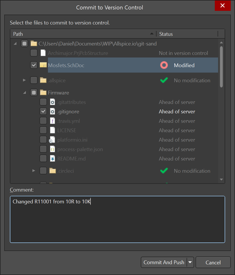 Altium commit interface. Comment section at the bottom says "Changed R11001 from 10R to 10K.