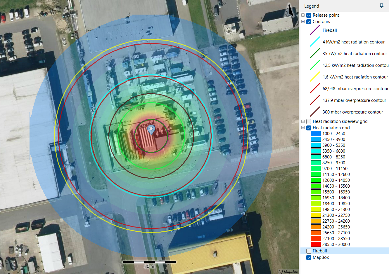 Radiation and overpressure contours of hydrogen fireball in EFFECTS consequence modelling software.