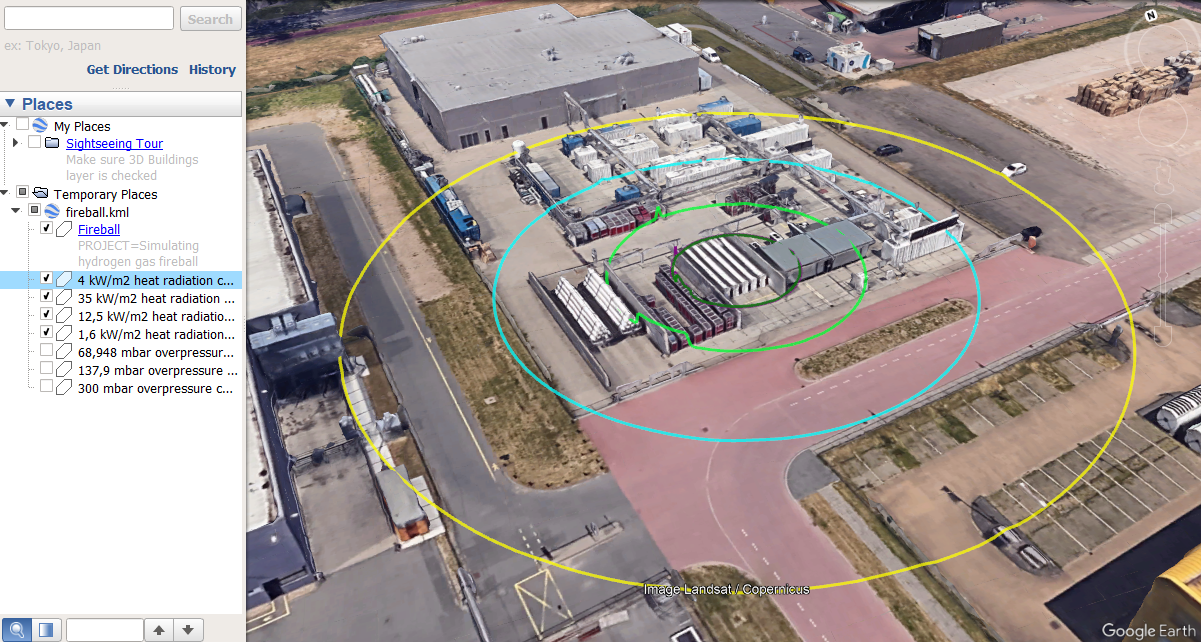 Fireball contours from EFFECTS software simulation in Google Earth